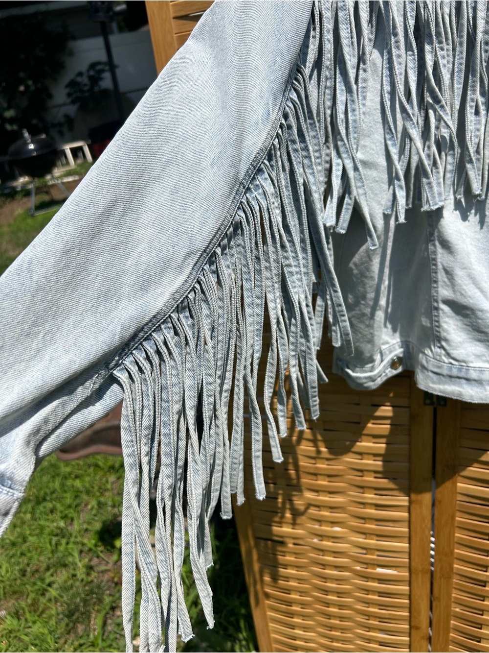 Light Gray Fringe Denim Jacket - Women - Picture 11 of 12
